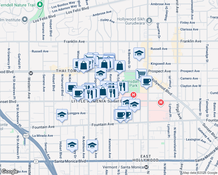 map of restaurants, bars, coffee shops, grocery stores, and more near 1543 North Kenmore Avenue in Los Angeles