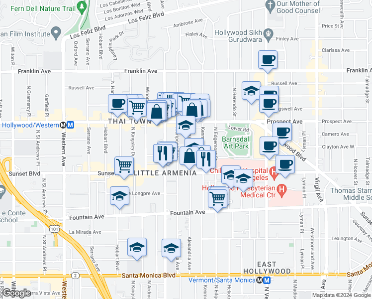 map of restaurants, bars, coffee shops, grocery stores, and more near 1542 North Mariposa Avenue in Los Angeles
