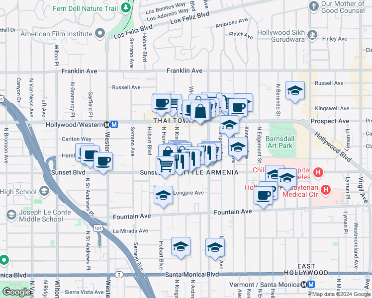 map of restaurants, bars, coffee shops, grocery stores, and more near 1546 Winona Boulevard in Los Angeles