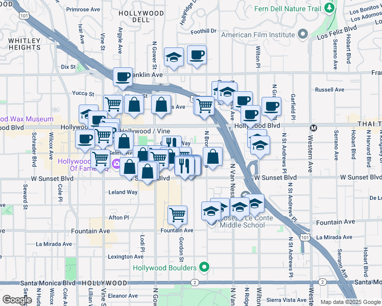 map of restaurants, bars, coffee shops, grocery stores, and more near 1545 Gordon Street in Los Angeles