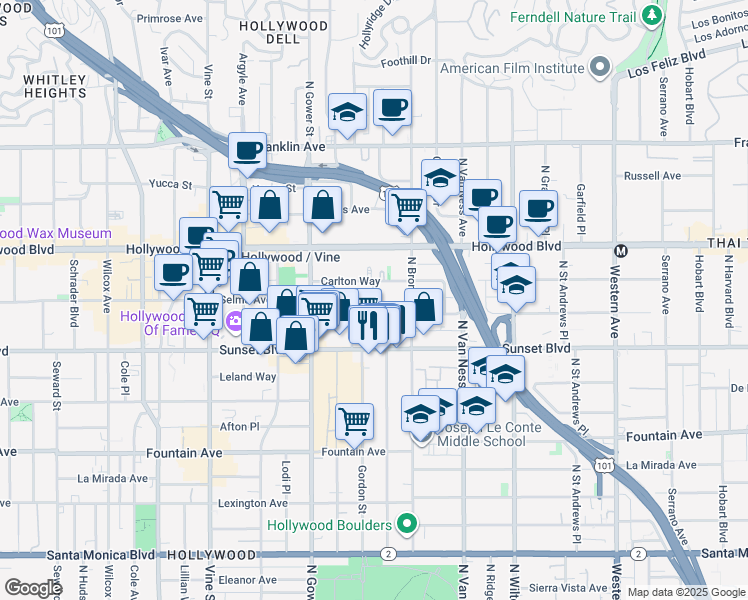 map of restaurants, bars, coffee shops, grocery stores, and more near 1545 Gordon Street in Los Angeles
