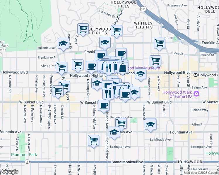 map of restaurants, bars, coffee shops, grocery stores, and more near 6760 Selma Avenue in Los Angeles