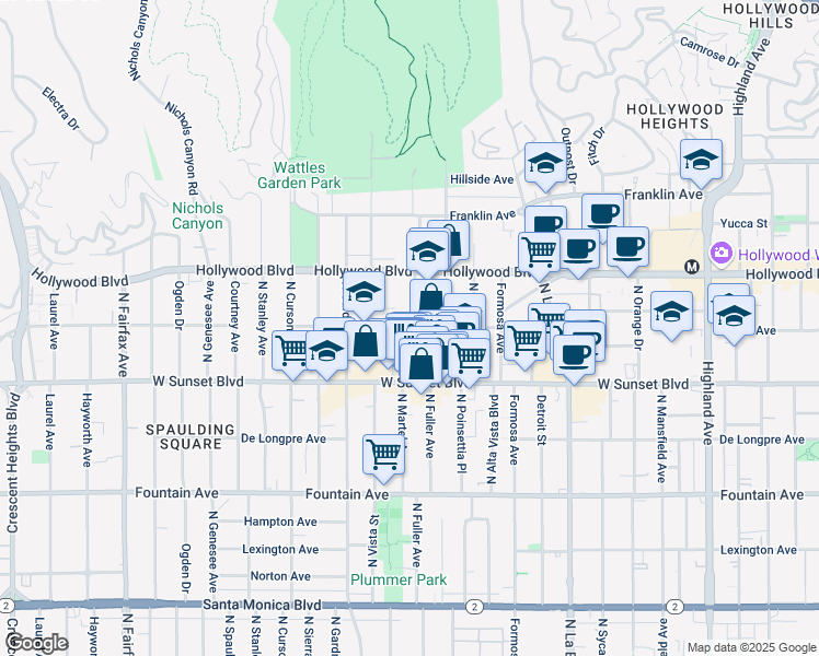 map of restaurants, bars, coffee shops, grocery stores, and more near 7346 Hawthorn Avenue in Los Angeles