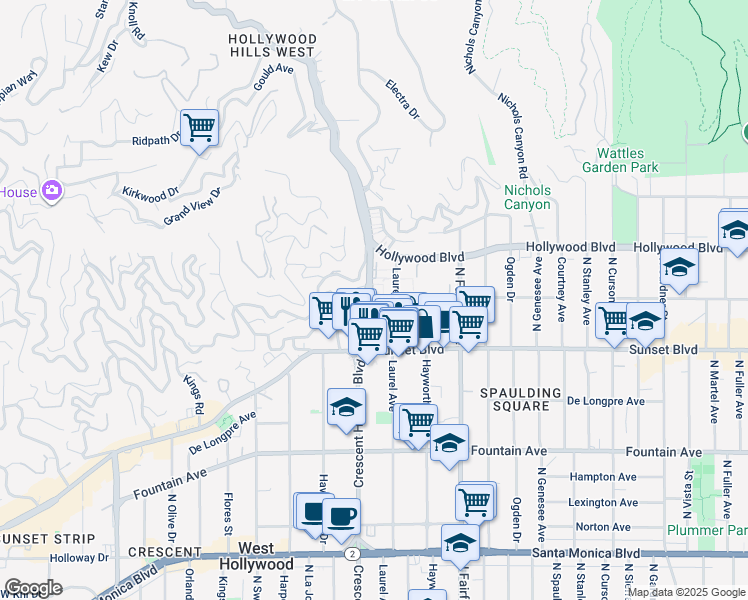 map of restaurants, bars, coffee shops, grocery stores, and more near in Los Angeles