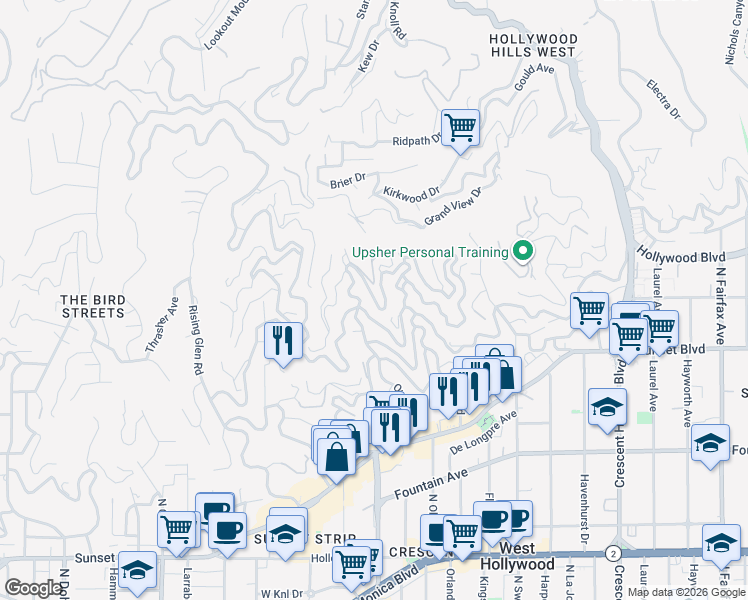 map of restaurants, bars, coffee shops, grocery stores, and more near 1600 Queens Road in Los Angeles