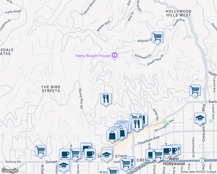 map of restaurants, bars, coffee shops, grocery stores, and more near 8721 Sunset Plaza Place in Los Angeles