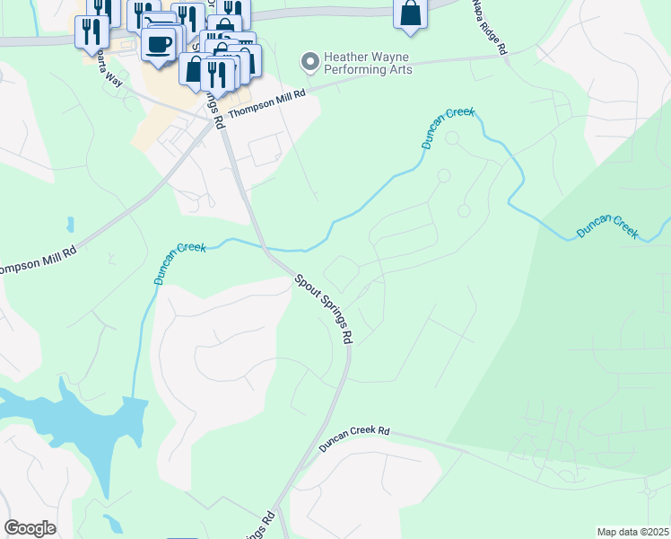 map of restaurants, bars, coffee shops, grocery stores, and more near 2608 Turnwater Street in Buford