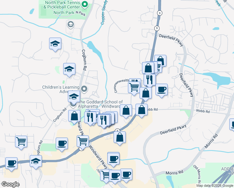 map of restaurants, bars, coffee shops, grocery stores, and more near 2872 Commonwealth Circle in Alpharetta
