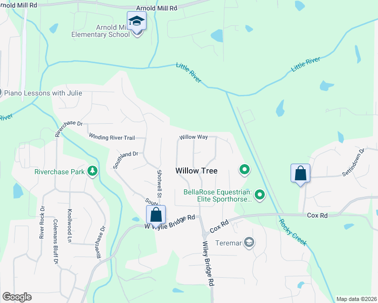 map of restaurants, bars, coffee shops, grocery stores, and more near 1331 Willow Tree Drive in Woodstock