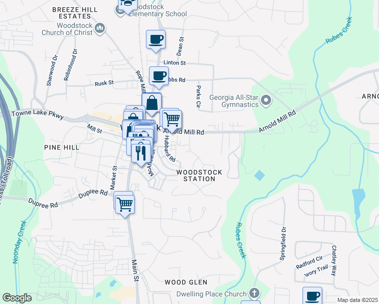 map of restaurants, bars, coffee shops, grocery stores, and more near 119 Bentley Parkway in Woodstock