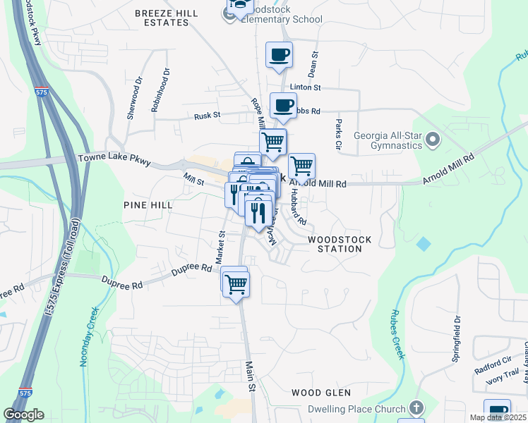 map of restaurants, bars, coffee shops, grocery stores, and more near 360 Chambers Street in Woodstock