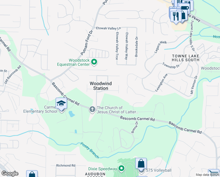 map of restaurants, bars, coffee shops, grocery stores, and more near 302 Wood Wind Drive in Woodstock