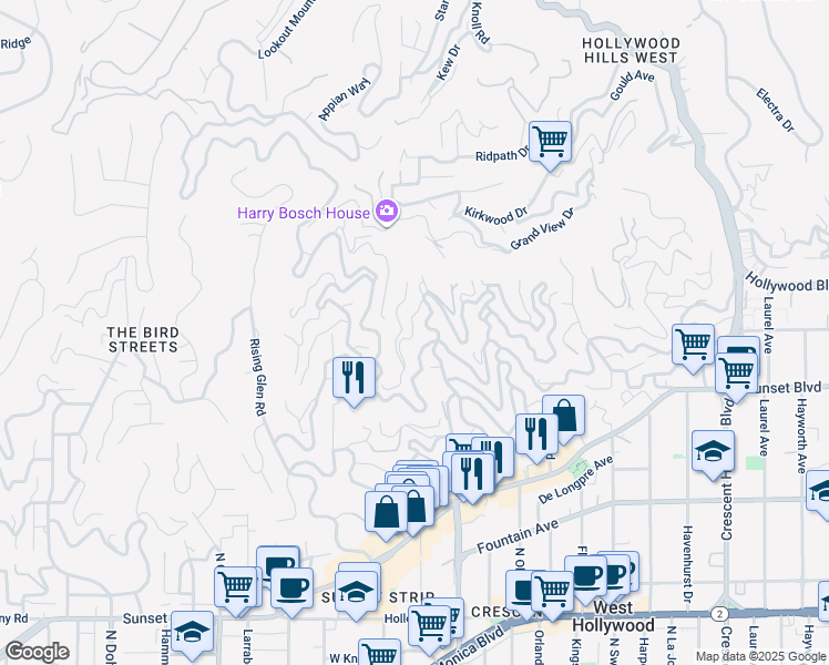 map of restaurants, bars, coffee shops, grocery stores, and more near 8638 Franklin Avenue in Los Angeles