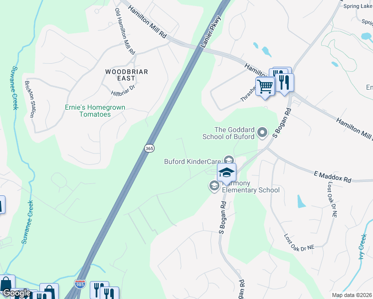 map of restaurants, bars, coffee shops, grocery stores, and more near 2358 East Maddox Road in Buford