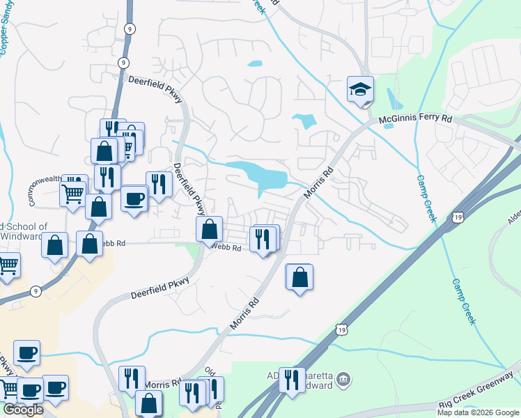map of restaurants, bars, coffee shops, grocery stores, and more near New Fawn Lane in Milton