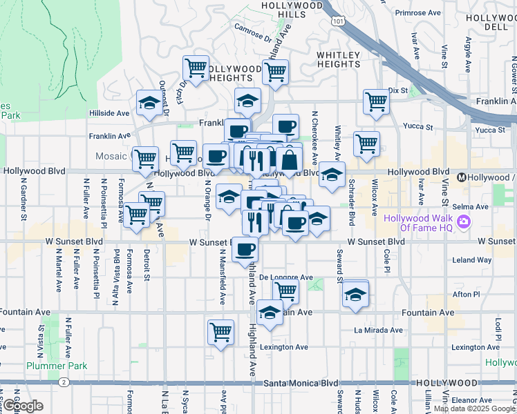 map of restaurants, bars, coffee shops, grocery stores, and more near 6775 Selma Avenue in Los Angeles