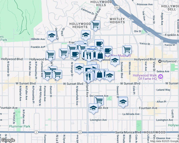 map of restaurants, bars, coffee shops, grocery stores, and more near 6775 Selma Avenue in Los Angeles