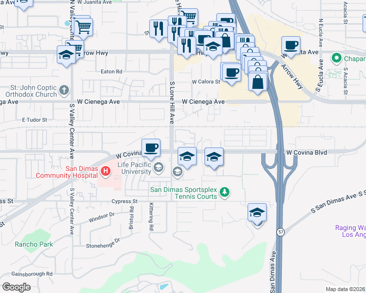map of restaurants, bars, coffee shops, grocery stores, and more near 1024 Kent Street in San Dimas