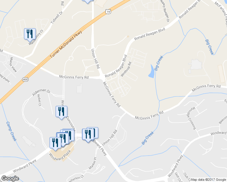 map of restaurants, bars, coffee shops, grocery stores, and more near Mimosa Circle in Alpharetta