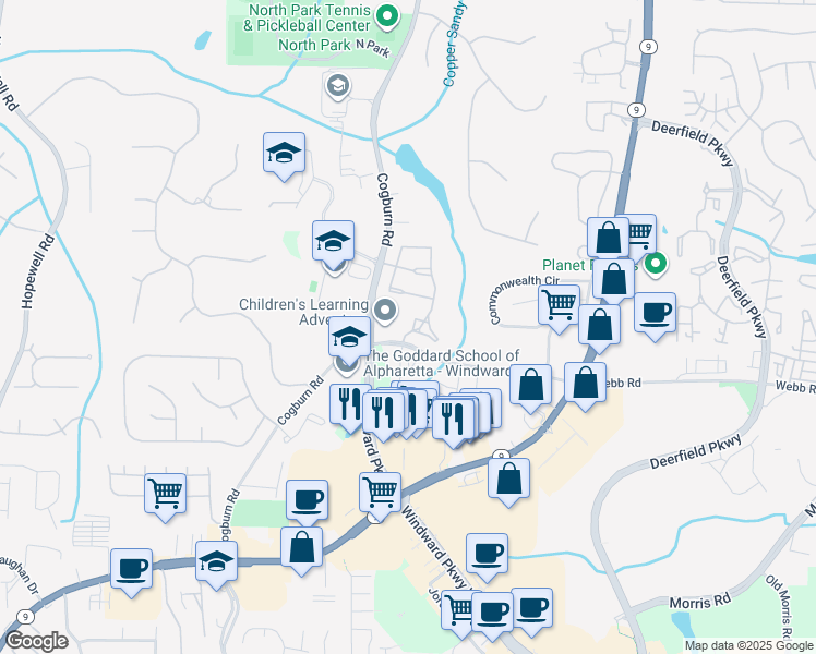 map of restaurants, bars, coffee shops, grocery stores, and more near 13074 Region Trace in Alpharetta