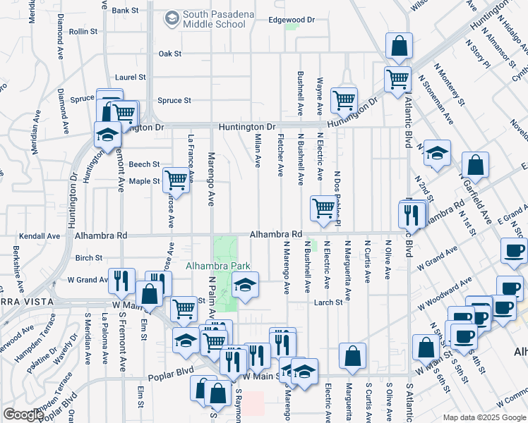 map of restaurants, bars, coffee shops, grocery stores, and more near 2044 Milan Avenue in South Pasadena