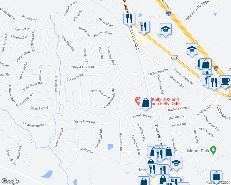 map of restaurants, bars, coffee shops, grocery stores, and more near 324 London Pride Road in Irmo
