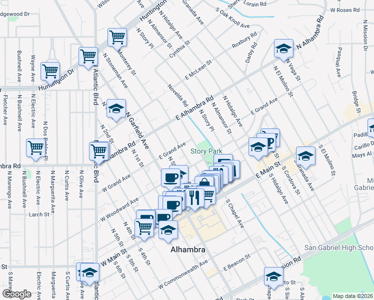 map of restaurants, bars, coffee shops, grocery stores, and more near 328 North Monterey Street in Alhambra