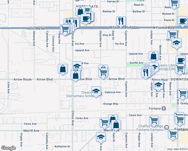 map of restaurants, bars, coffee shops, grocery stores, and more near 16246 Arrow Boulevard in Fontana