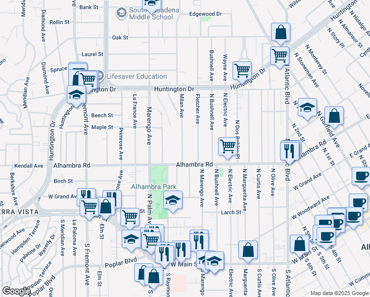 map of restaurants, bars, coffee shops, grocery stores, and more near 2044 Milan Avenue in South Pasadena
