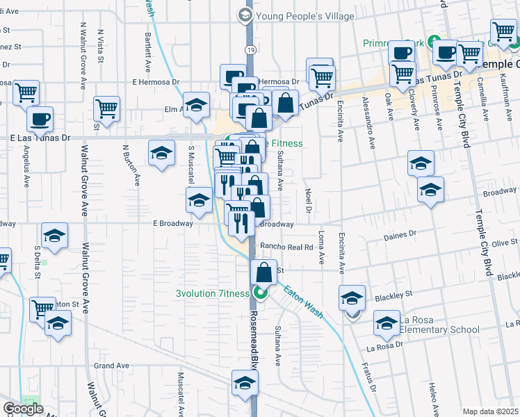 map of restaurants, bars, coffee shops, grocery stores, and more near 9031 Broadway in Temple City