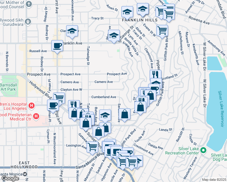 map of restaurants, bars, coffee shops, grocery stores, and more near 4020 Clayton Avenue West in Los Angeles