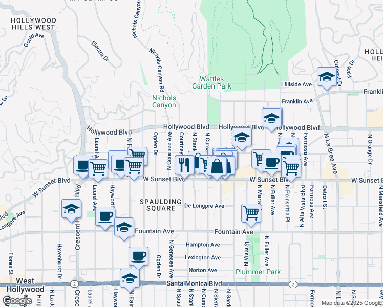 map of restaurants, bars, coffee shops, grocery stores, and more near 1557 North Stanley Avenue in Los Angeles