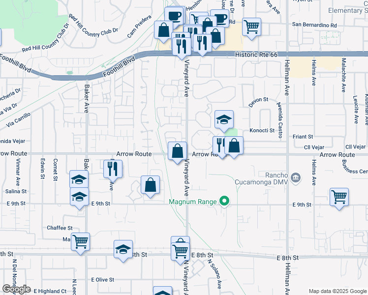 map of restaurants, bars, coffee shops, grocery stores, and more near 8477 Snow View Place in Rancho Cucamonga