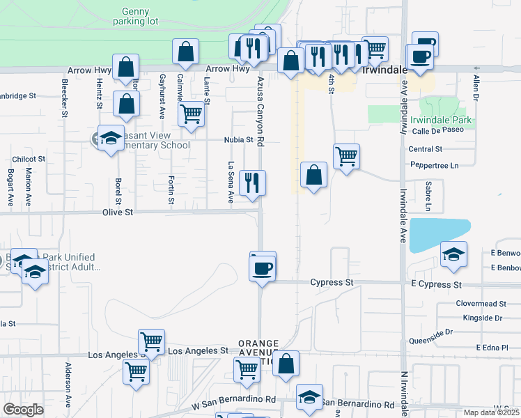 map of restaurants, bars, coffee shops, grocery stores, and more near Azusa Canyon Road in Irwindale