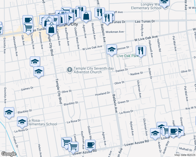 map of restaurants, bars, coffee shops, grocery stores, and more near 5422 Cambury Avenue in Temple City