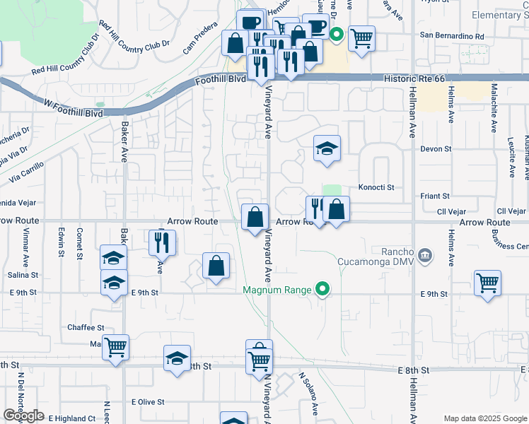 map of restaurants, bars, coffee shops, grocery stores, and more near 8477 Snow View Place in Rancho Cucamonga