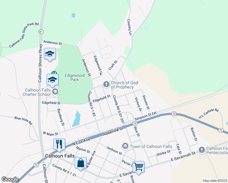 map of restaurants, bars, coffee shops, grocery stores, and more near 649 County Road S-01-207 in Calhoun Falls