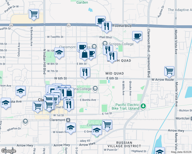 map of restaurants, bars, coffee shops, grocery stores, and more near 225 East 6th Street in Claremont