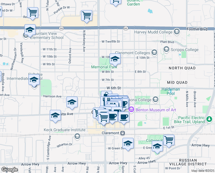 map of restaurants, bars, coffee shops, grocery stores, and more near 319 West 6th Street in Claremont
