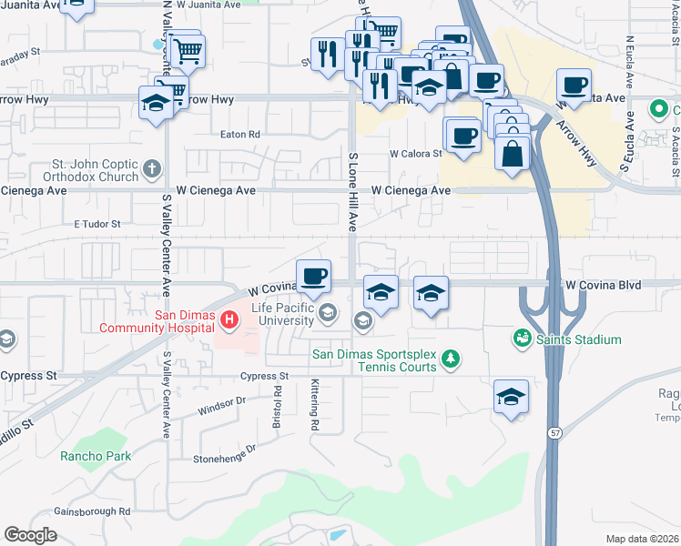 map of restaurants, bars, coffee shops, grocery stores, and more near 1111 W Covina Blvd in San Dimas