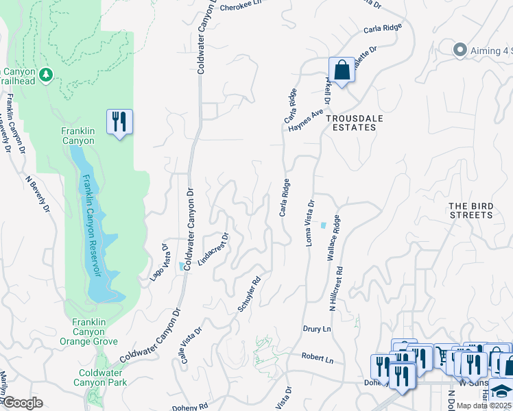 map of restaurants, bars, coffee shops, grocery stores, and more near 9369 Lloydcrest Drive in Beverly Hills