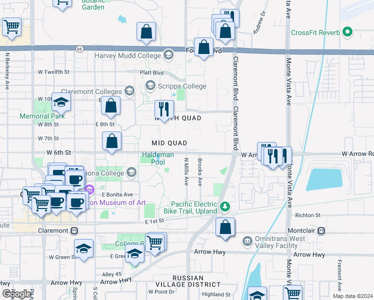 map of restaurants, bars, coffee shops, grocery stores, and more near 690 North Mills Avenue in Claremont