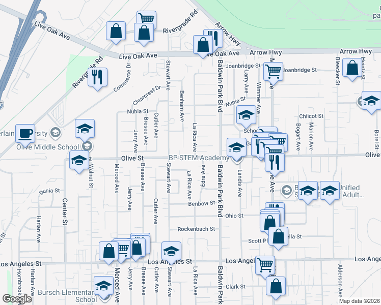 map of restaurants, bars, coffee shops, grocery stores, and more near 14053 Olive Street in Baldwin Park