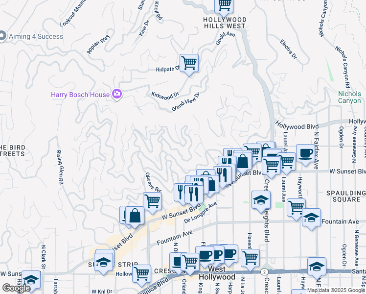 map of restaurants, bars, coffee shops, grocery stores, and more near 8572 Hillside Avenue in Los Angeles
