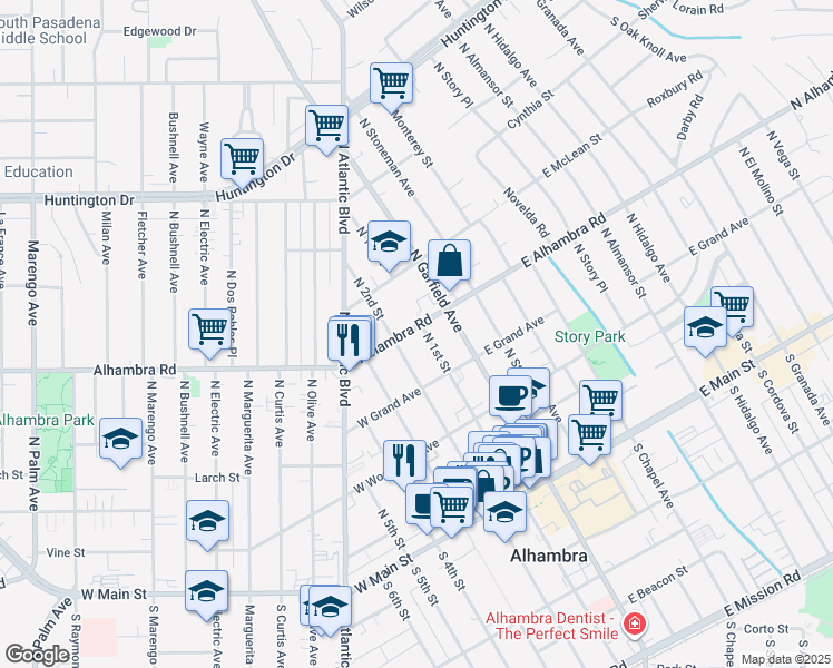 map of restaurants, bars, coffee shops, grocery stores, and more near 2 Alhambra Road in Alhambra