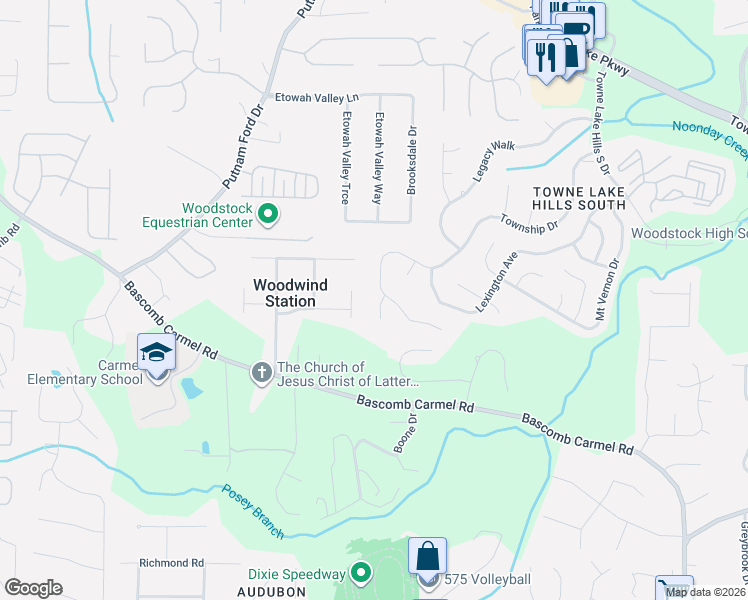 map of restaurants, bars, coffee shops, grocery stores, and more near 406 Township Lane in Woodstock