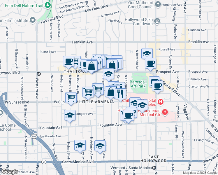 map of restaurants, bars, coffee shops, grocery stores, and more near 1557 North Alexandria Avenue in Los Angeles