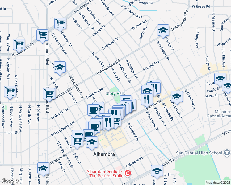map of restaurants, bars, coffee shops, grocery stores, and more near 210 North Chapel Avenue in Alhambra