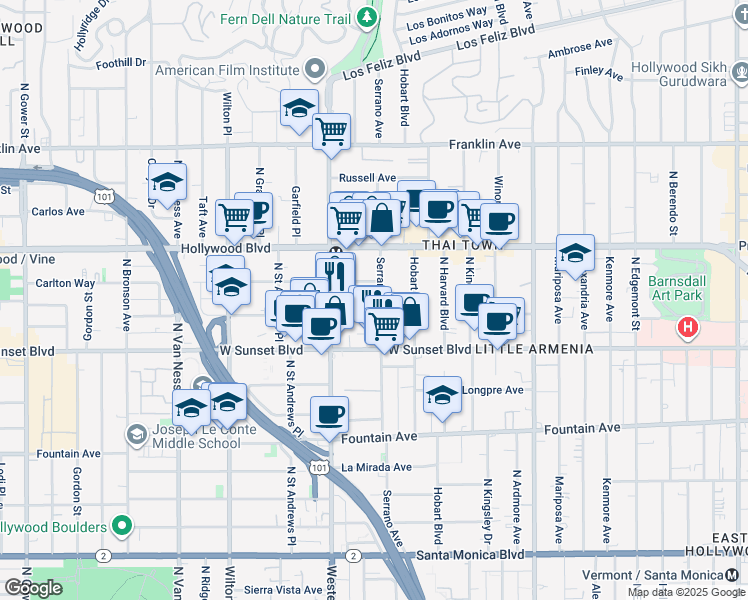 map of restaurants, bars, coffee shops, grocery stores, and more near 1561 North Serrano Avenue in Los Angeles