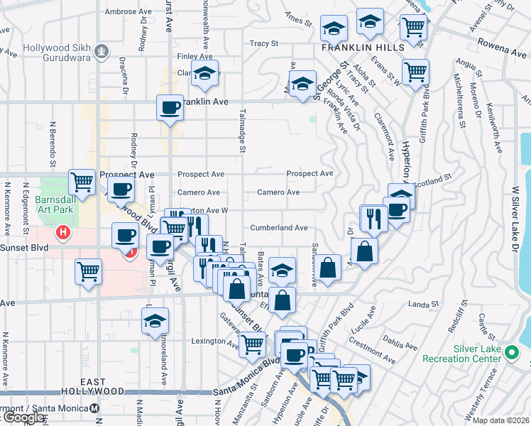 map of restaurants, bars, coffee shops, grocery stores, and more near 4107 Cumberland Avenue in Los Angeles